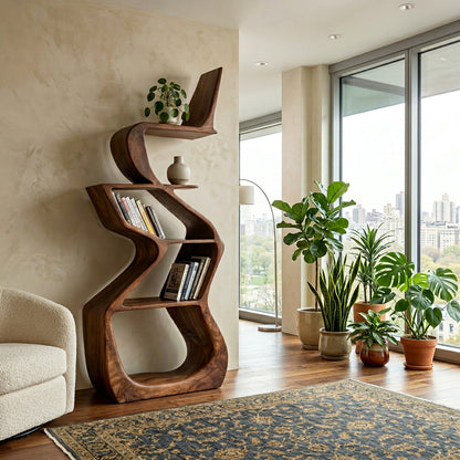 Sculptural Wooden Bookshelf For Living Room Corner Lynnsnail
