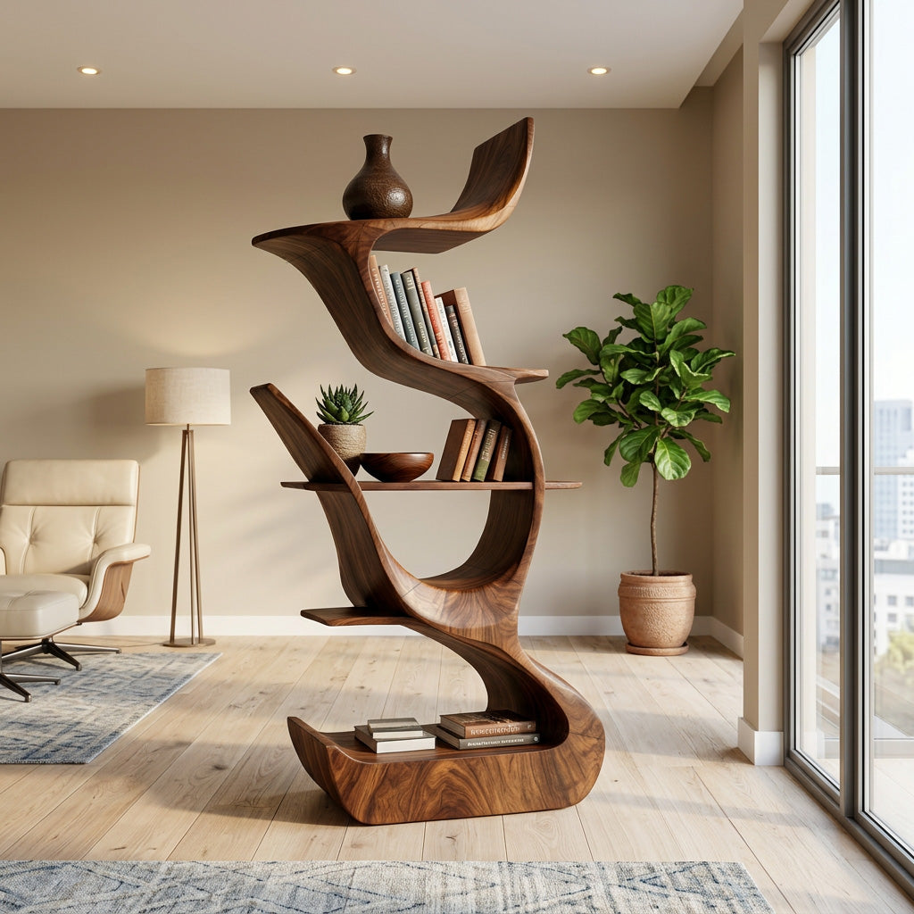 Contemporary Organic Wooden Bookshelf For Living Room Corner Lynnsnail