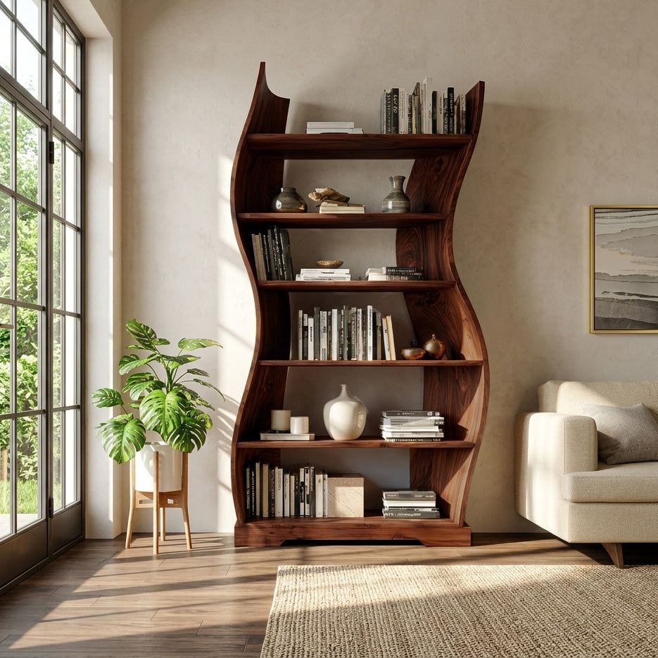 Contemporary Flowing Wooden Bookshelf For Living Room Lynnsnail
