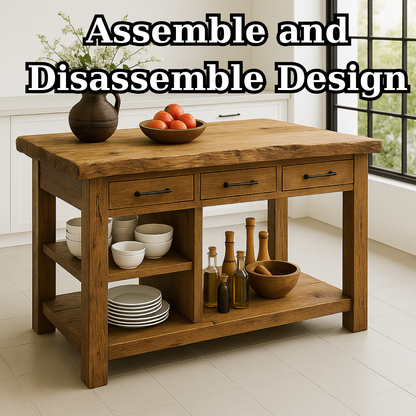 Handcrafted Solid Wood Kitchen Island - Live-Edge Top, 3 Drawers & Shelves
