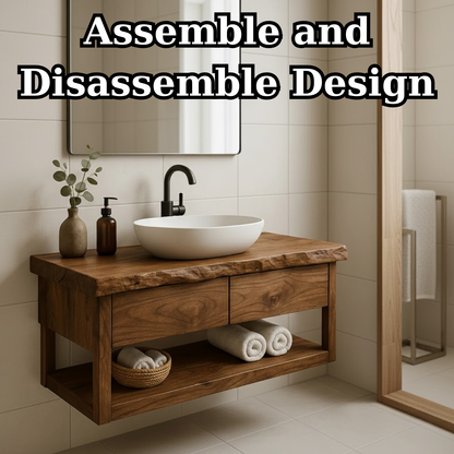 Handcrafted Solid Wood Floating Bathroom Vanity with Live Edge Top - Modern Rustic Washstand Lynnsnail