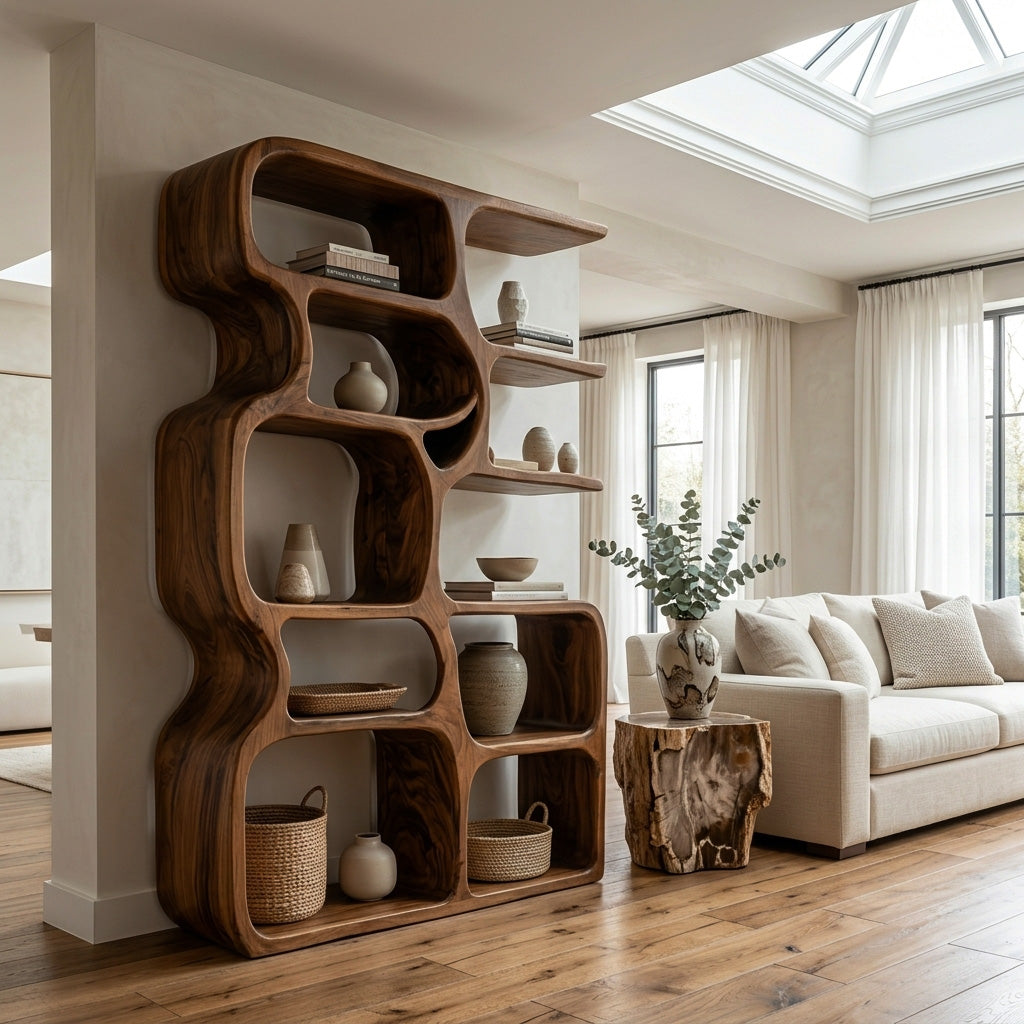 Minimalist Artistic Natural Wood Bookshelf For Living Room Lynnsnail