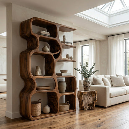 Minimalist Artistic Natural Wood Bookshelf For Living Room Lynnsnail
