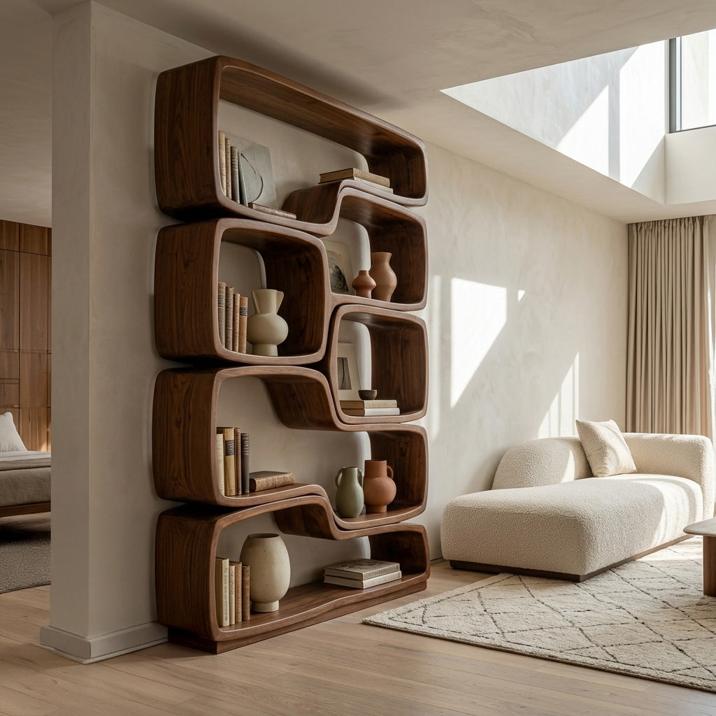 Contemporary Sculptural Natural Wood Bookshelf For Living Room Lynnsnail