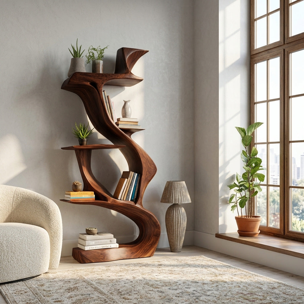 Sculptural Natural Wood Bookshelf For Living Room Lynnsnail