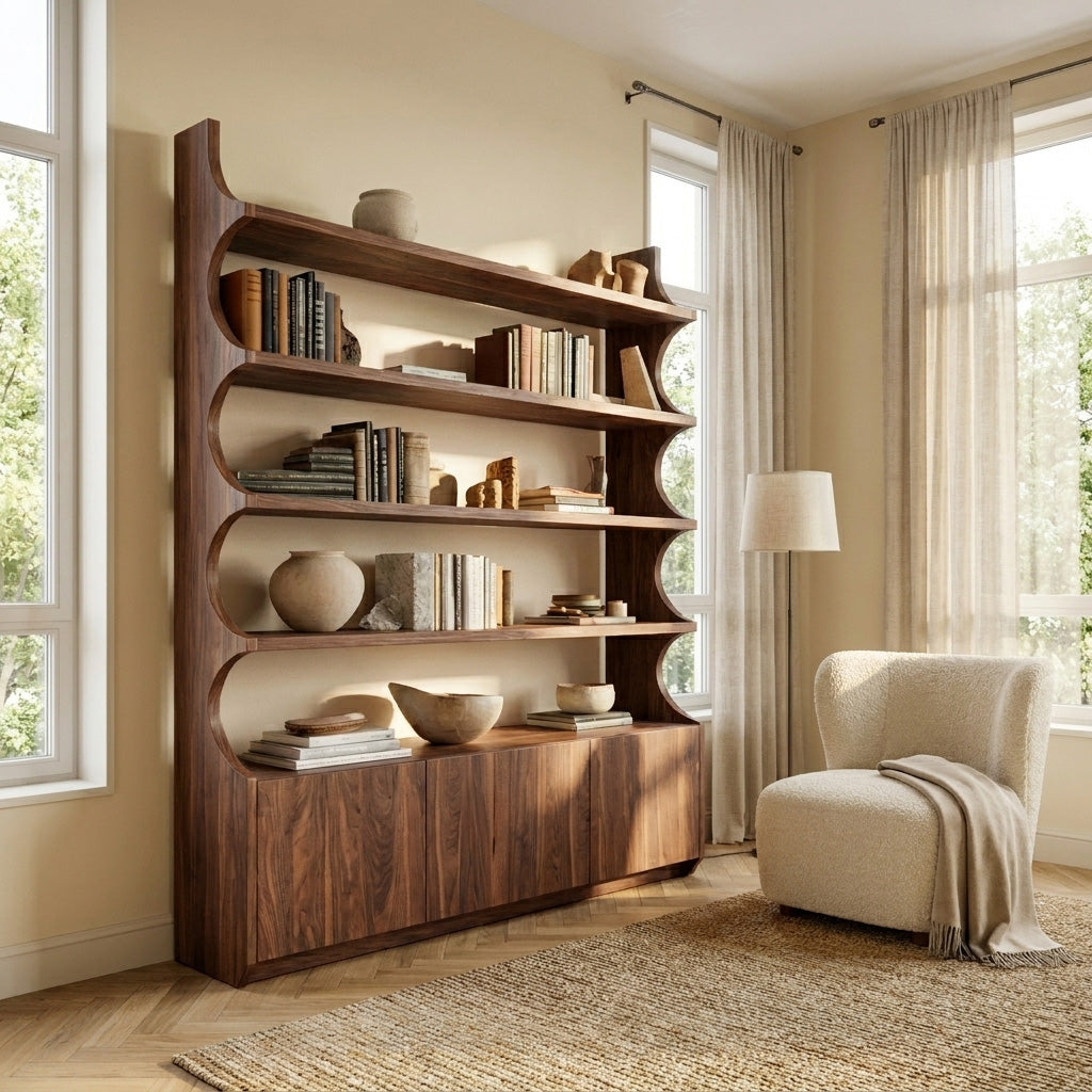 Organic Wooden Bookshelf With Curved Edges For Living Storage Lynnsnail