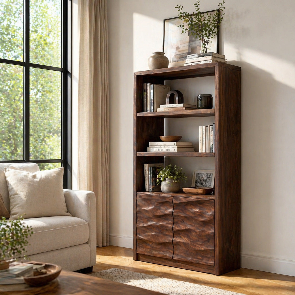 Minimal Wooden Bookshelf With Wavy Drawer Front For Home Lynnsnail