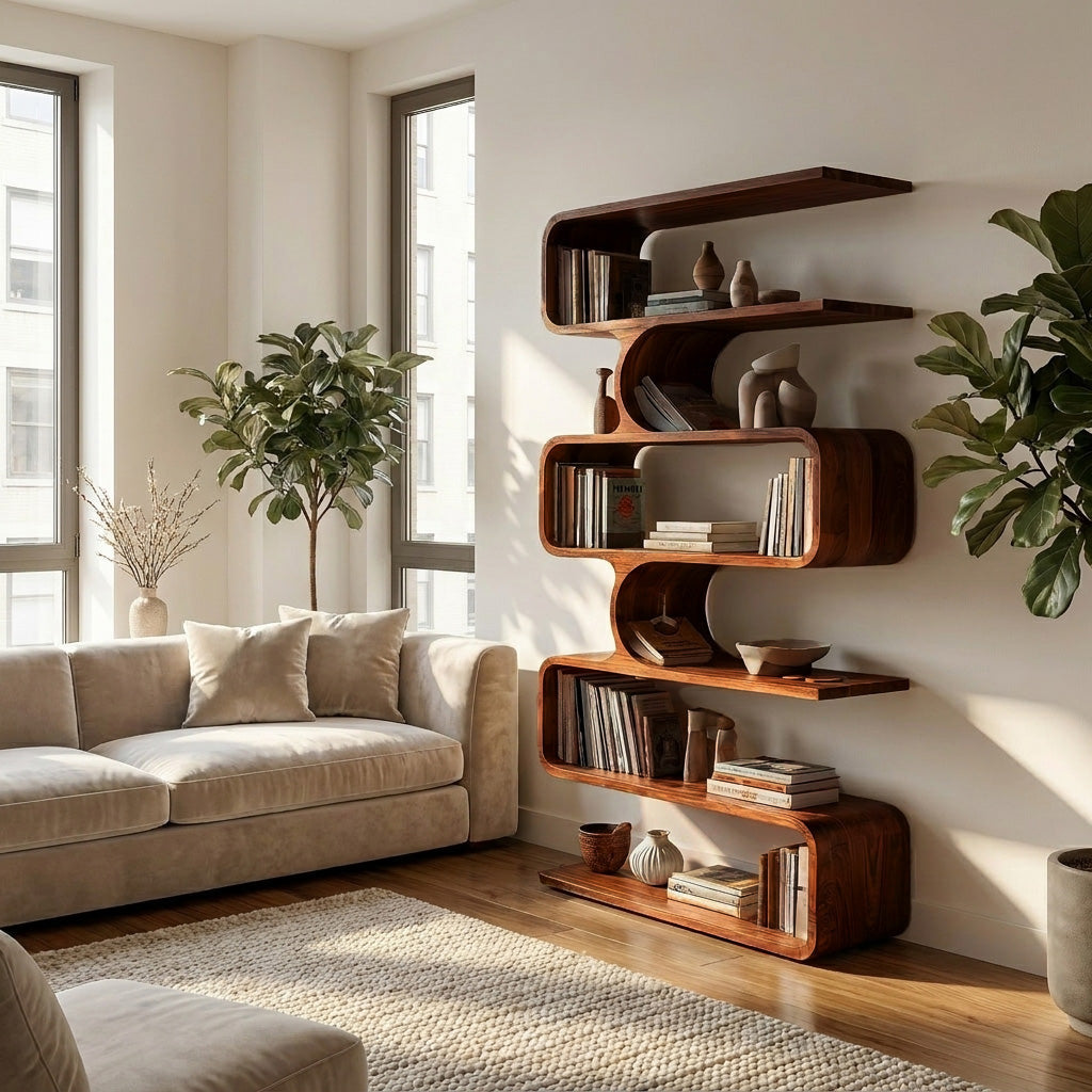 Handcrafted Wooden Bookshelf With Sculpture Edges For Living Room Lynnsnail