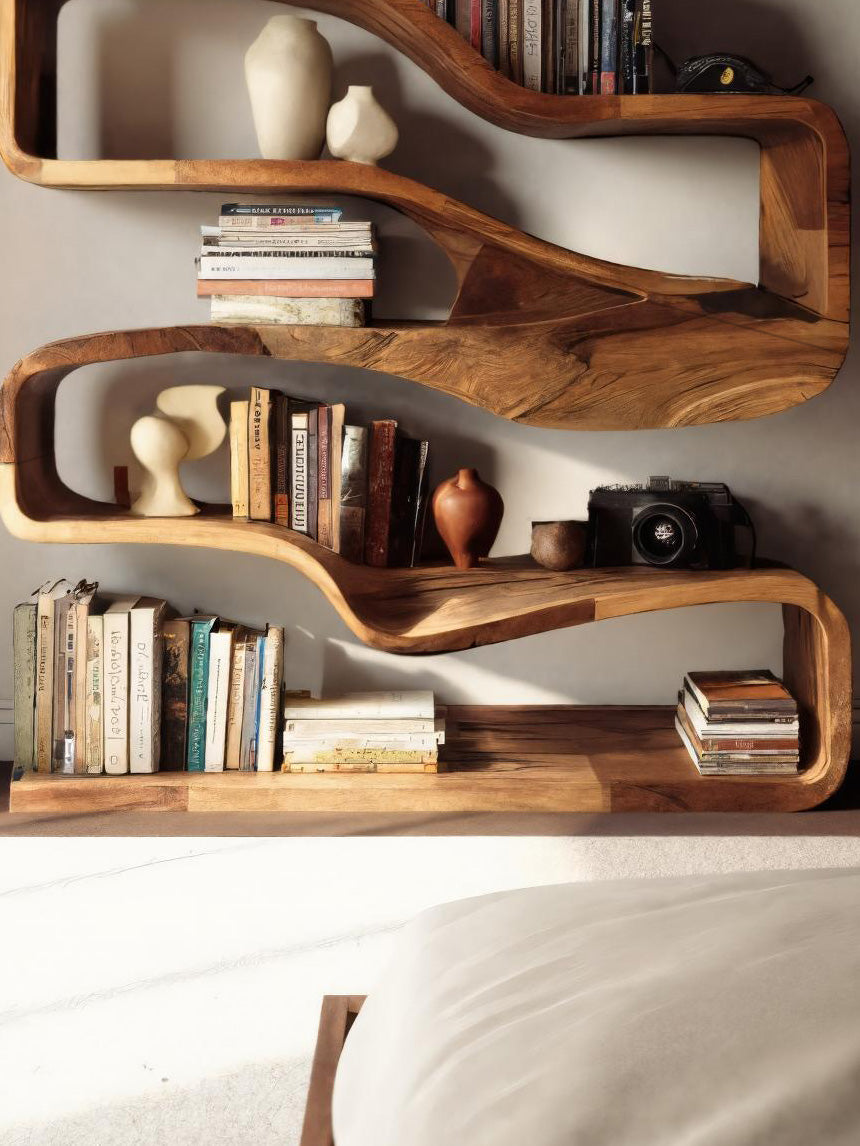 Modern Curved Bookshelf With Flowing Design For Bedroom Lynnsnail