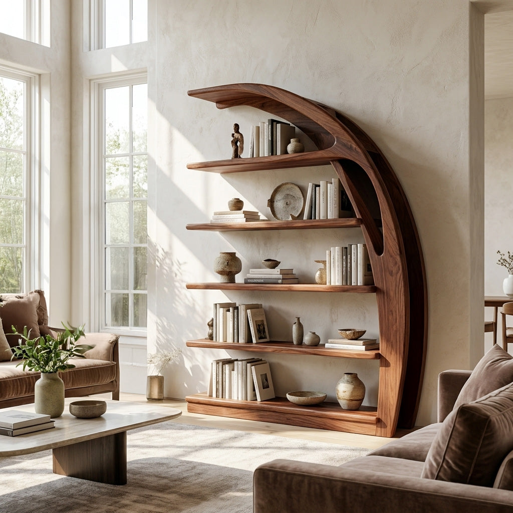 Minimal Curved Wooden Bookshelf For Living Room Display Lynnsnail