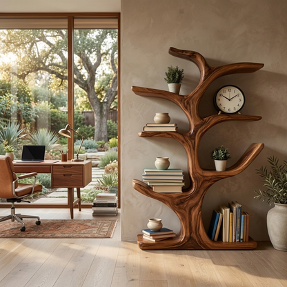 Modern Wood Bookshelf Sculptural Curved Design For Living Room Lynnsnail