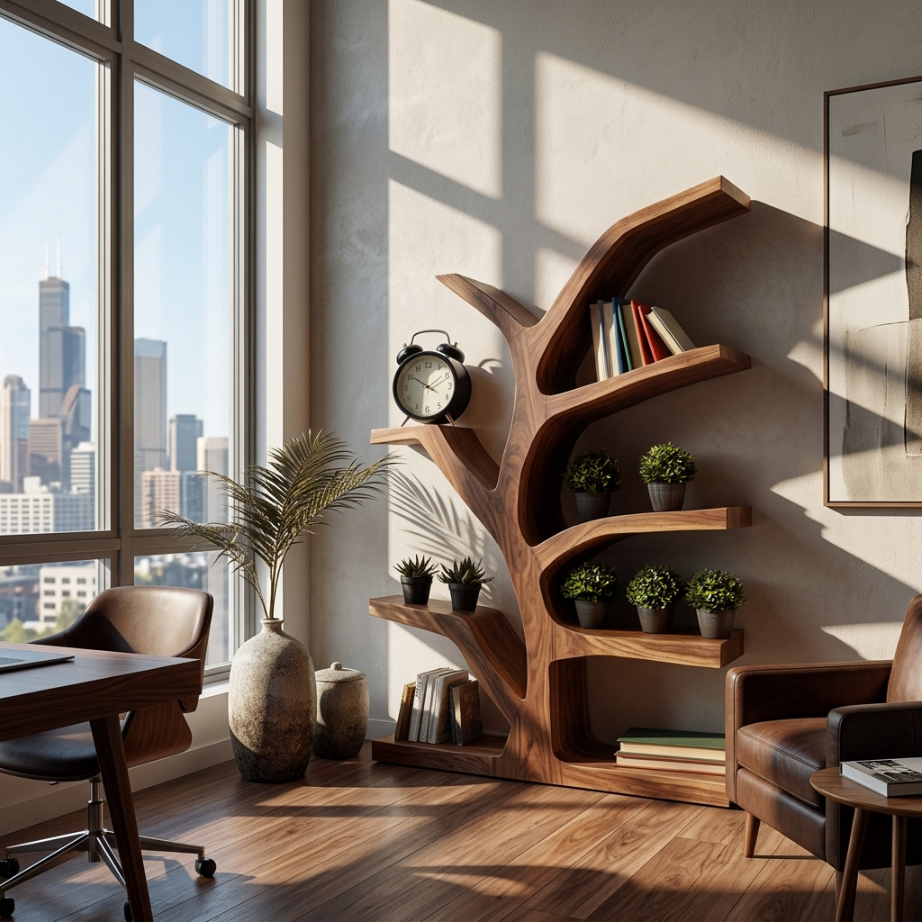 Wooden Bookshelf With Organic Form For Living Area Lynnsnail