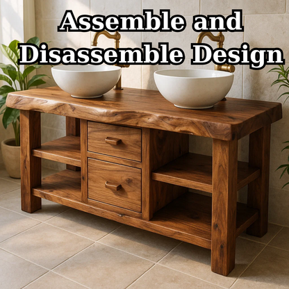 Handcrafted Solid Wood Floating Double Vanity - Live Edge Top, 2 Drawers & Open Shelves Lynnsnail