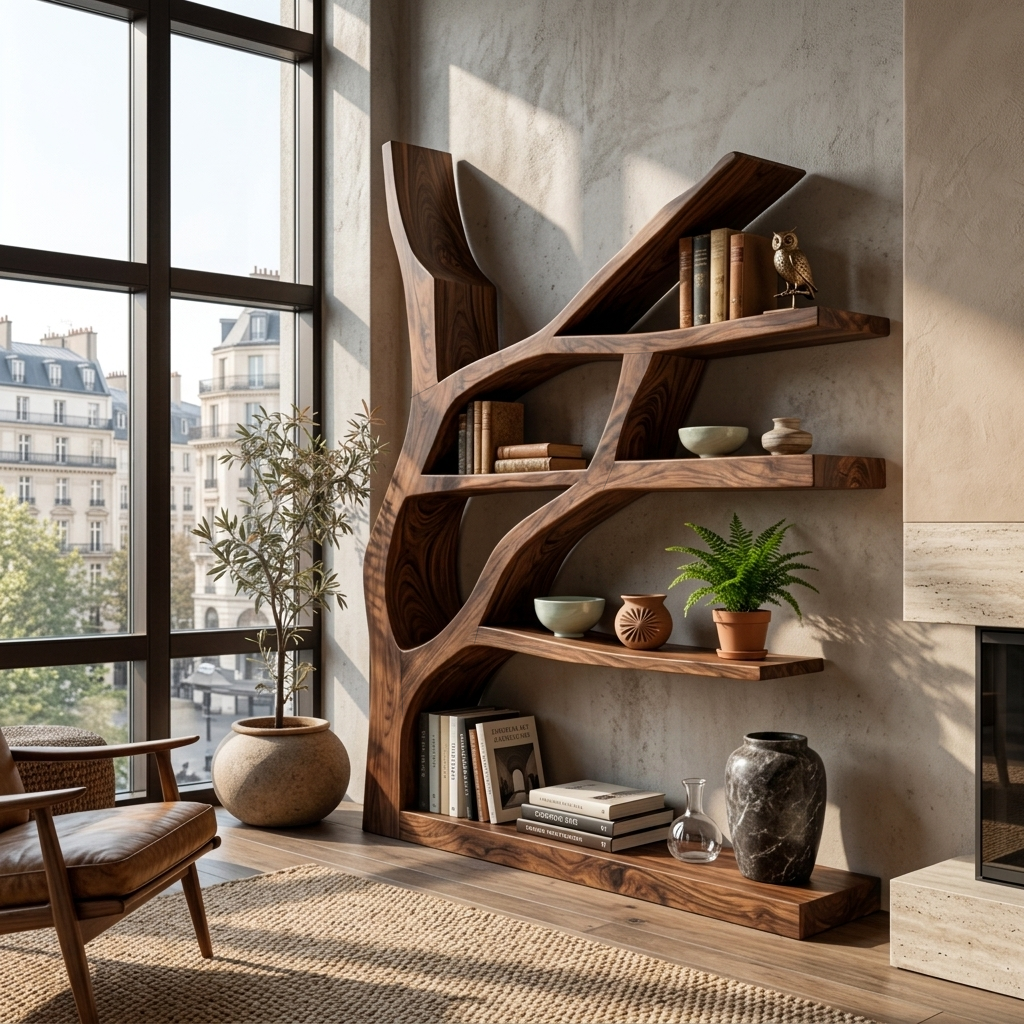 Contemporary Wooden Bookshelf Sculptural Shape For Living Room Lynnsnail