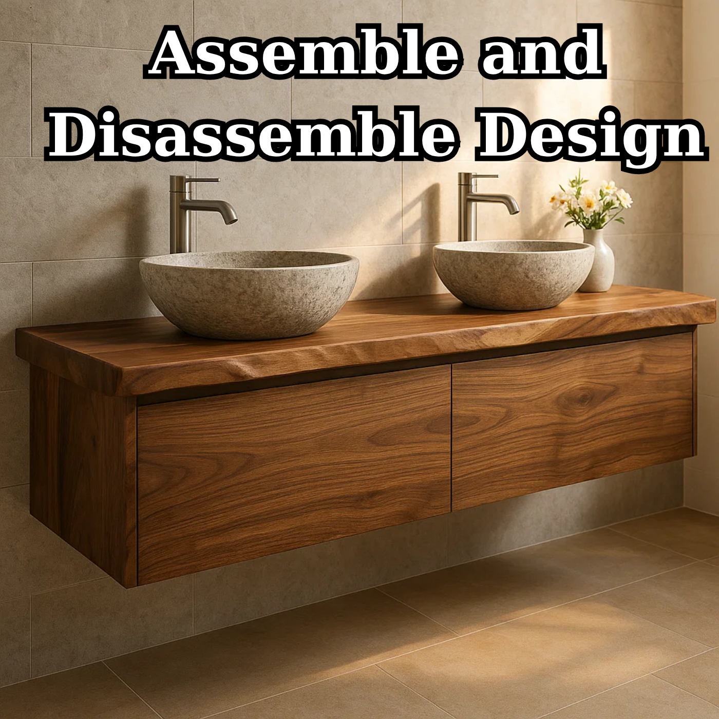 Handcrafted Solid Wood Floating Vanity - Double Sink Live Edge Walnut Console 2-Drawer Lynnsnail
