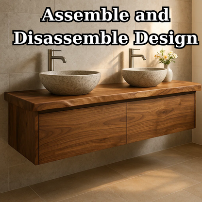 Handcrafted Solid Wood Floating Vanity - Double Sink Live Edge Walnut Console 2-Drawer Lynnsnail