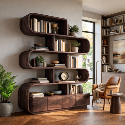 Organic Wooden Bookshelf With Flowing Form For Home Interior Lynnsnail