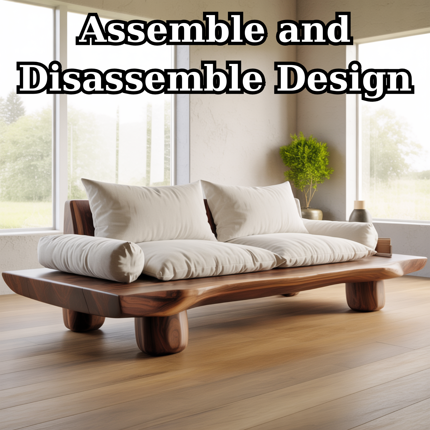 Handcrafted Solid Walnut Sofa – Low Organic Wood Couch with Linen Cushions and Rounded Legs Lynnsnail