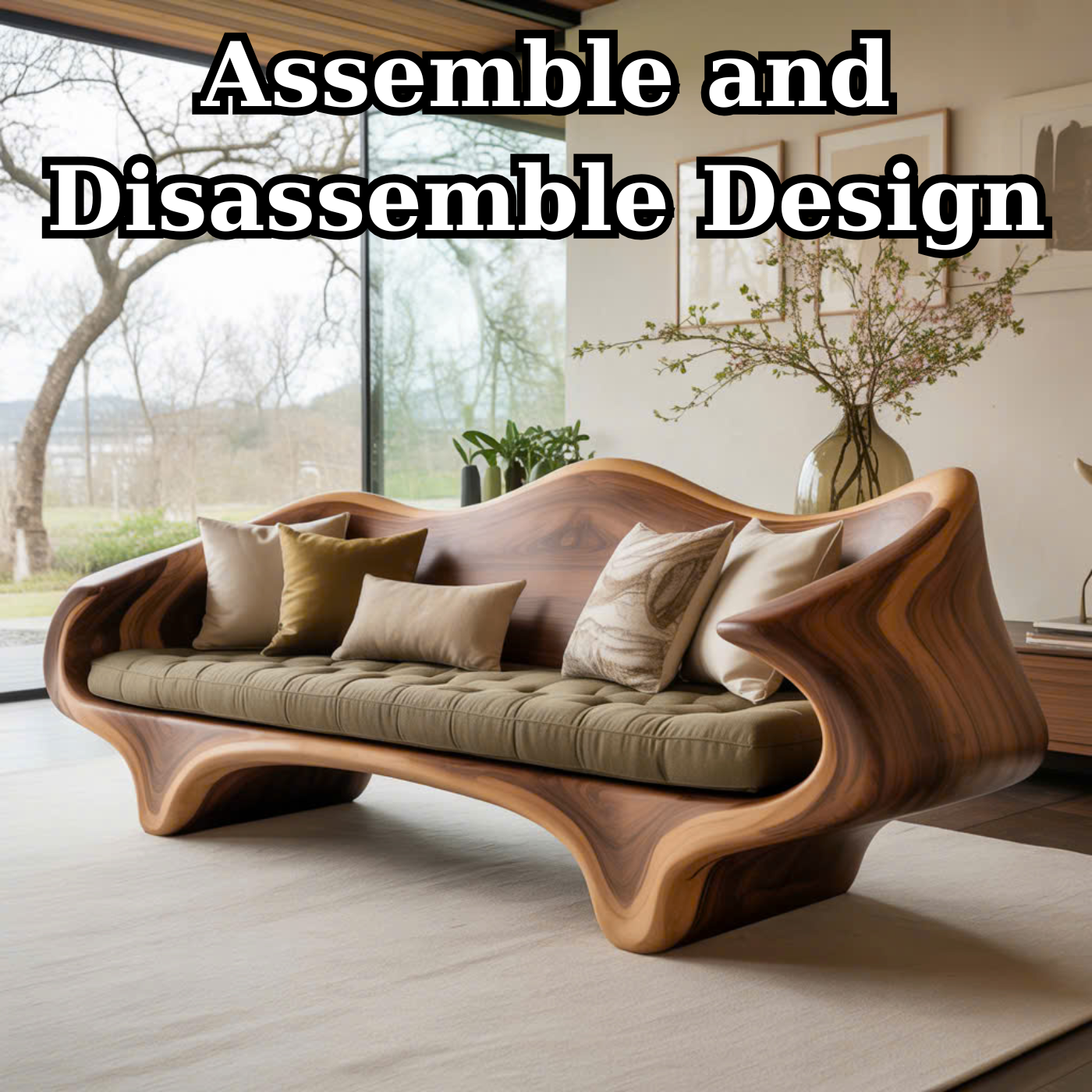 Handcrafted Solid Wood Sofa – Sculptural Organic Wood Couch with Artistic Curves and Cushion Seat Lynnsnail