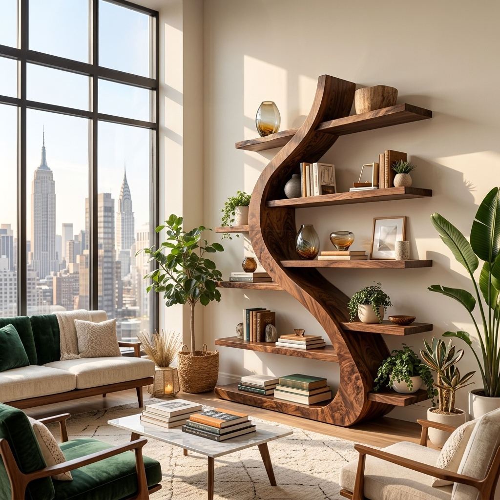 Organic Wooden Bookshelf Soft Curved Design For Home Decor Lynnsnail