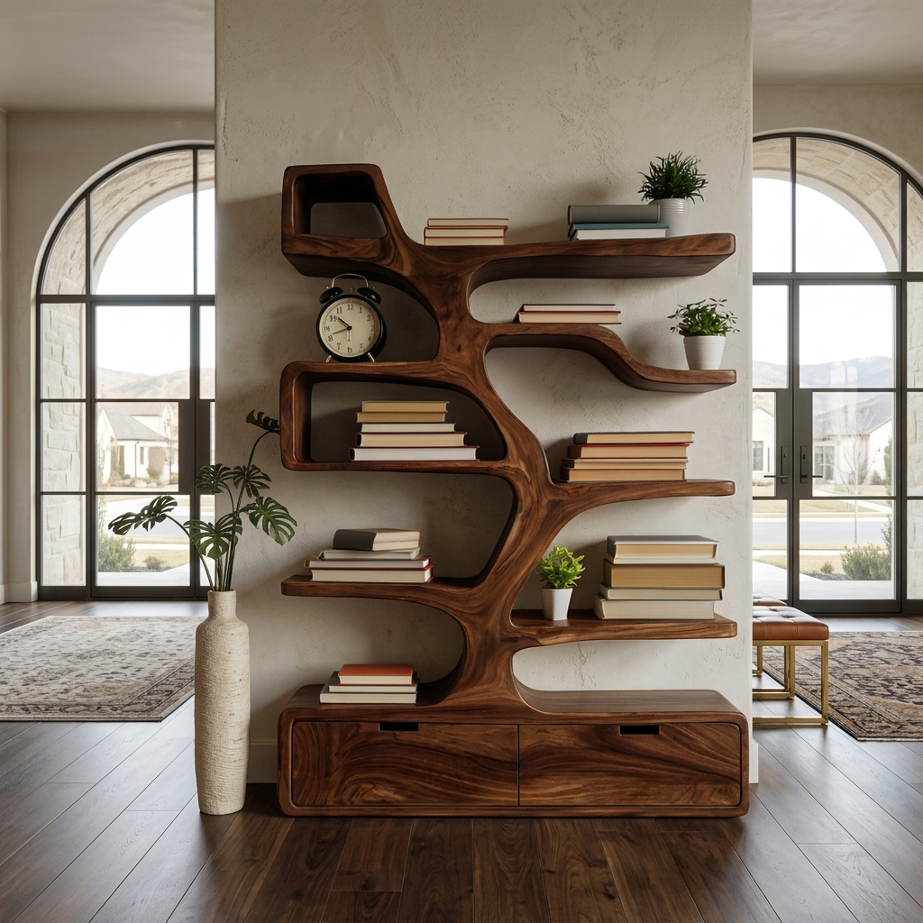 Contemporary Wooden Bookshelf Sculpted Design For Living Space Lynnsnail
