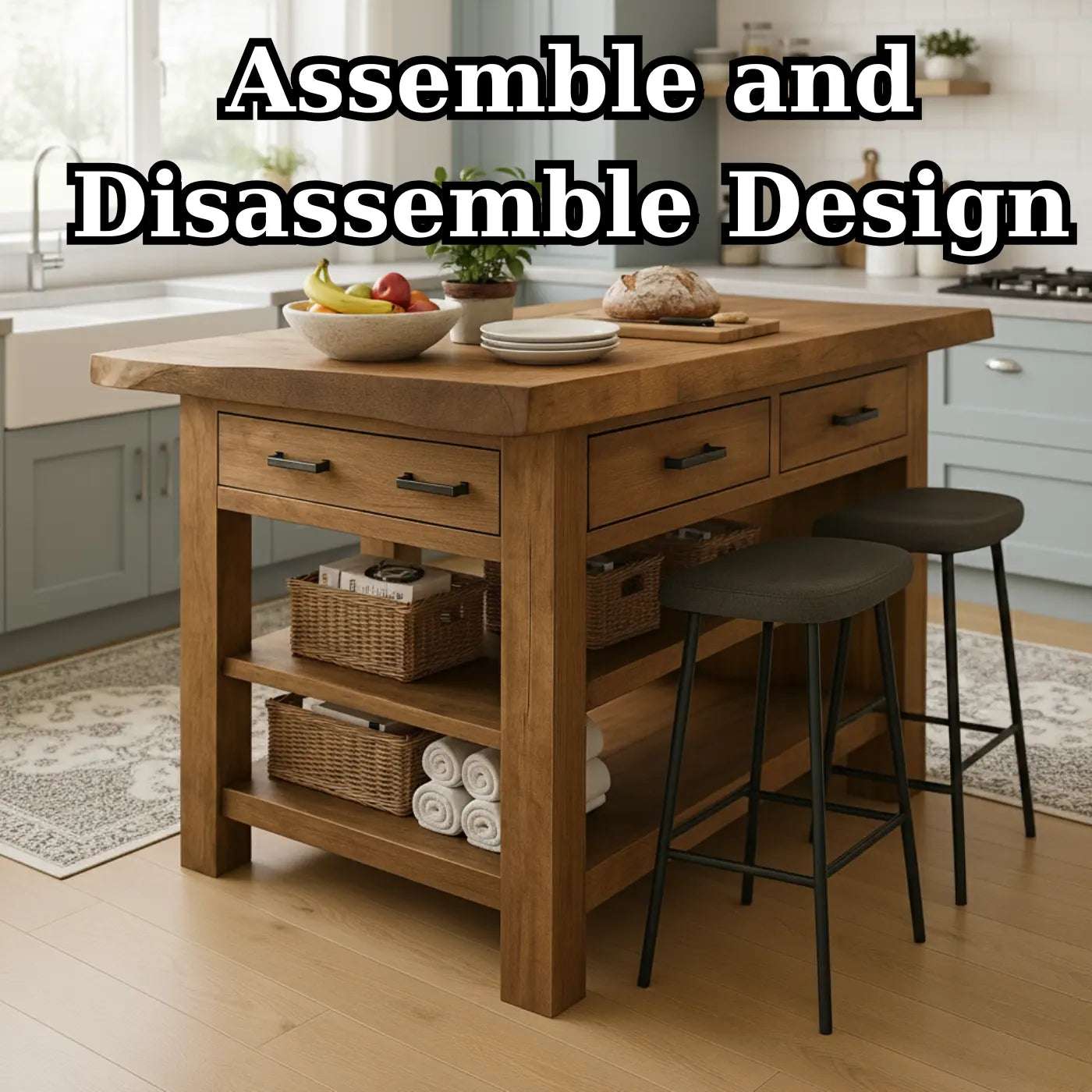 Handcrafted Solid Wood Kitchen Island - Rustic Top, Drawers & Open Shelving Lynnsnail