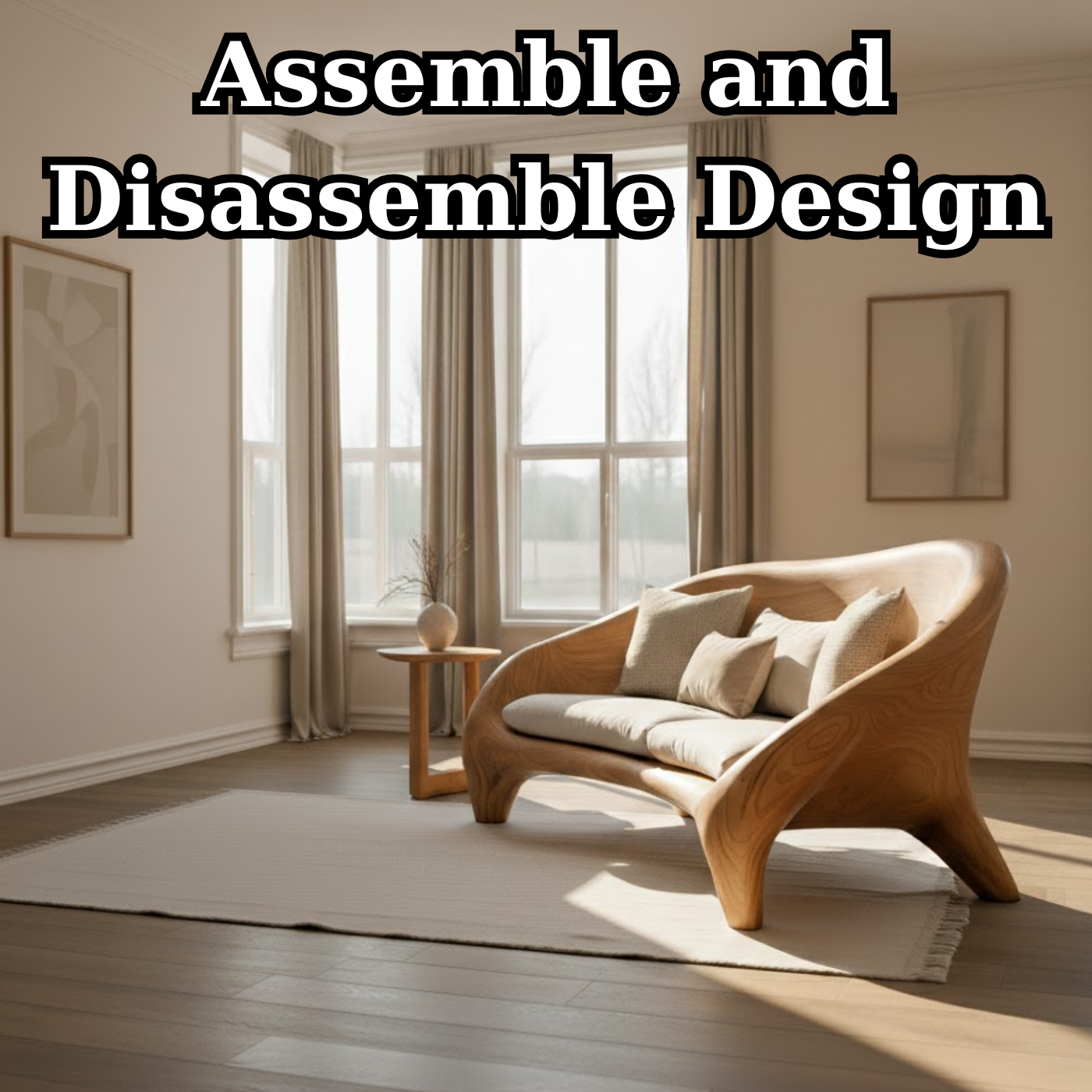 Handcrafted Solid Wood Sofa – Modern Organic Curved Couch with Smooth Sculptural Frame and Linen Cushions Lynnsnail