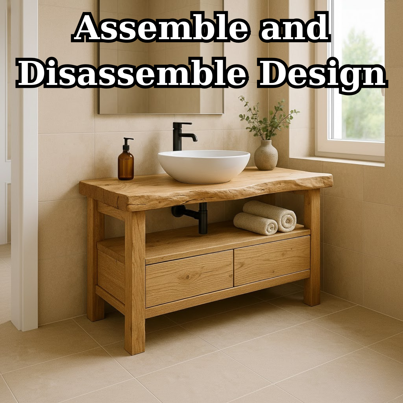 Handcrafted Solid Wood Bathroom Vanity - Live Edge Rustic Stand with Drawers & Shelf Lynnsnail