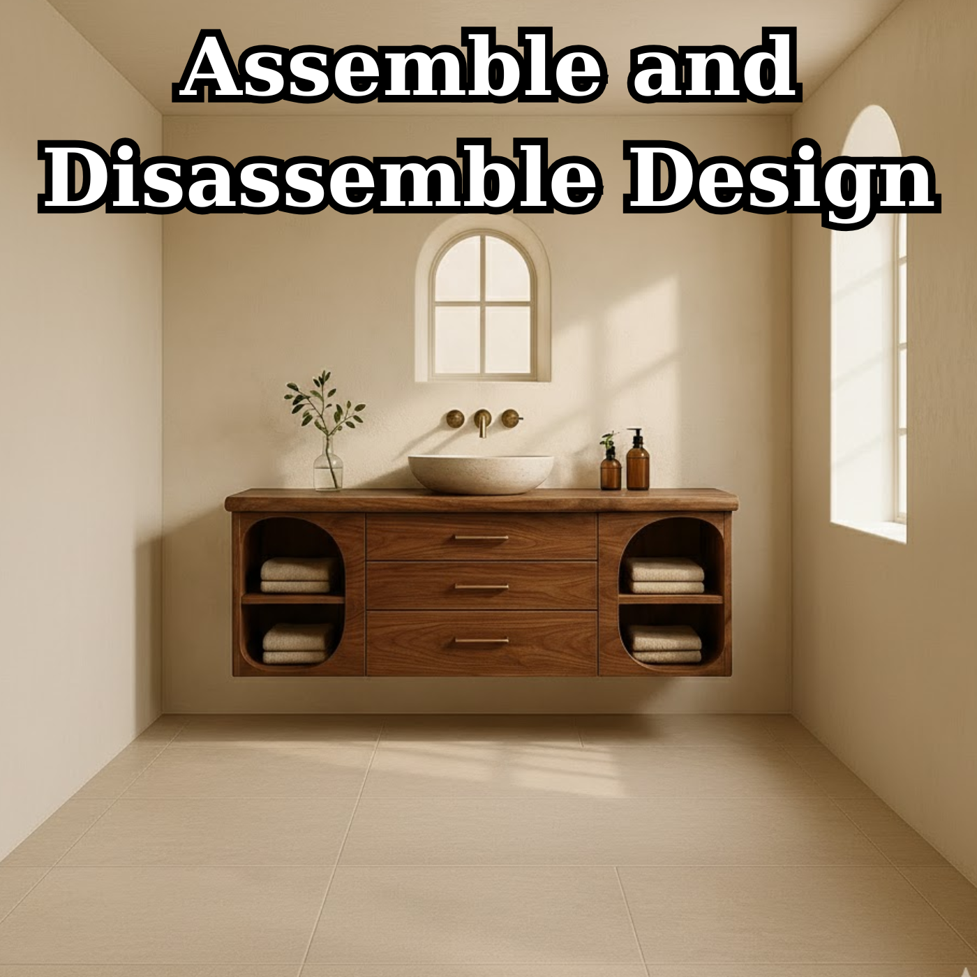 Handcrafted Solid Wood Floating Vanity - Modern Wall-Mounted Cabinet with Arches Lynnsnail