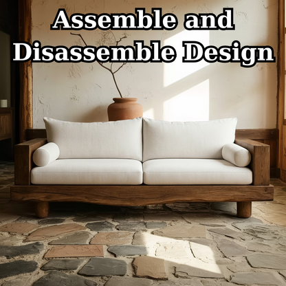 Handcrafted Solid Wood Sofa – Rustic Live Edge Wood Couch with Minimalist Linen Cushions