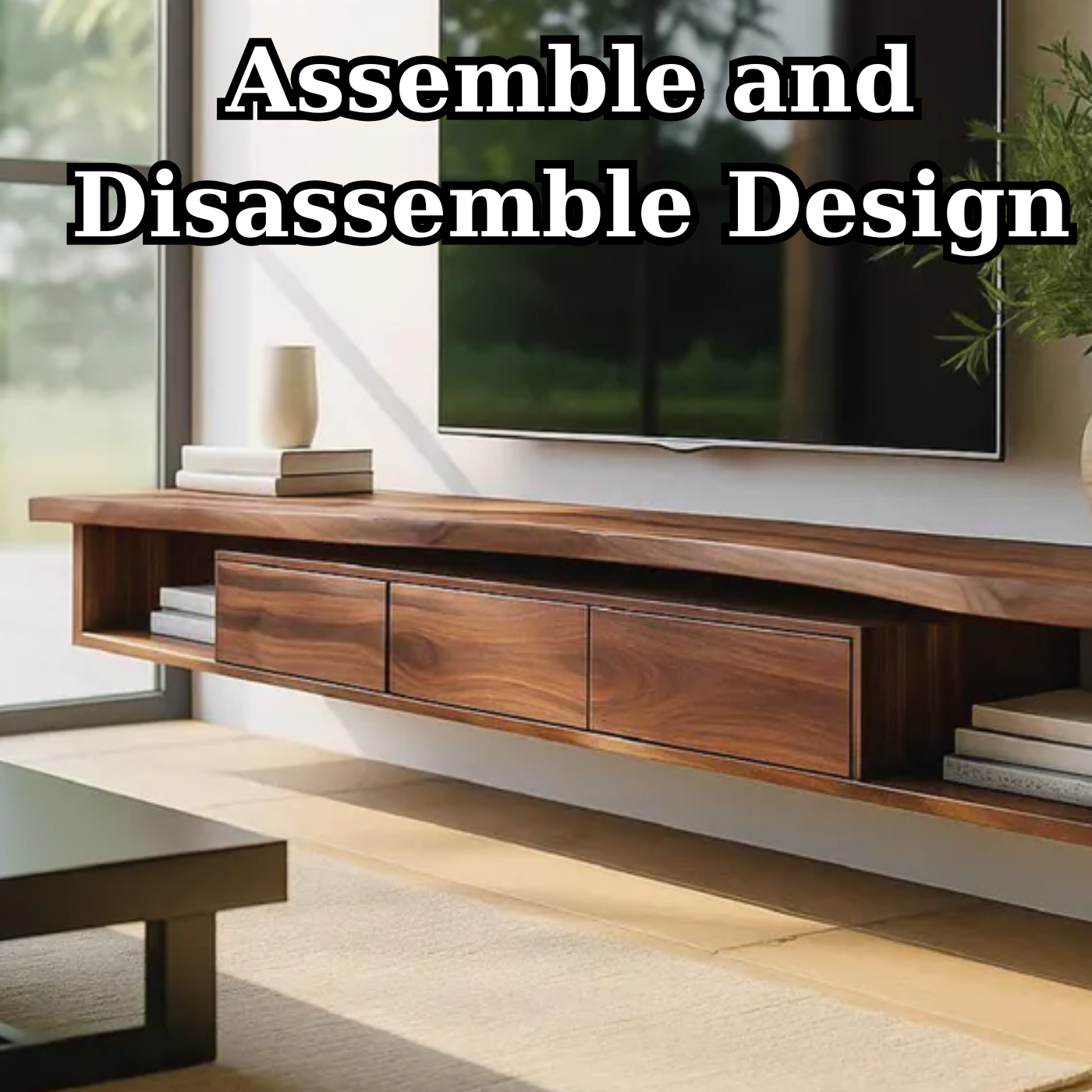 Handcrafted Solid Wood Floating TV Stand, Modern Live Edge Media Cabinet with Drawers Lynnsnail