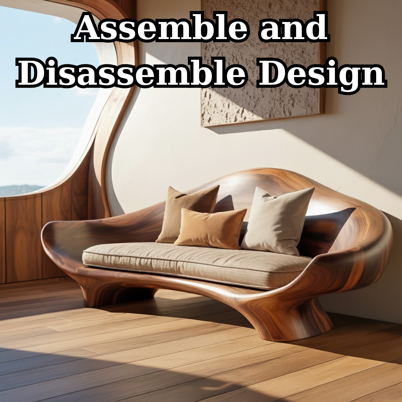 Handcrafted Solid Wood Sofa – Sculptural Organic Wood Couch with Smooth Curves and Linen Cushion Lynnsnail