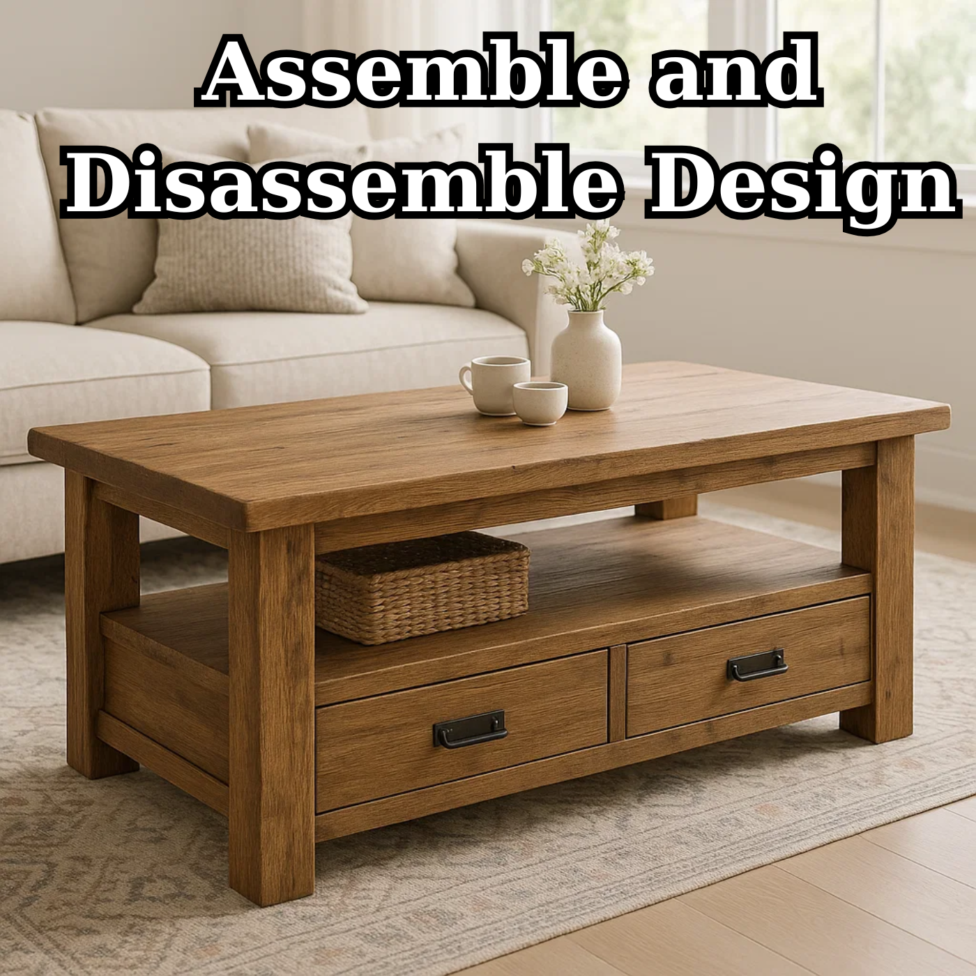 Handcrafted Solid Wood Coffee Table – Rustic Farmhouse Storage with Two Drawers and Shelf Lynnsnail