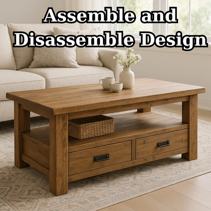 Handcrafted Solid Wood Coffee Table – Rustic Farmhouse Storage with Two Drawers and Shelf Lynnsnail