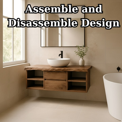 Handcrafted Solid Wood Floating Vanity - Live Edge Console with Central Drawers & Open Shelving Lynnsnail