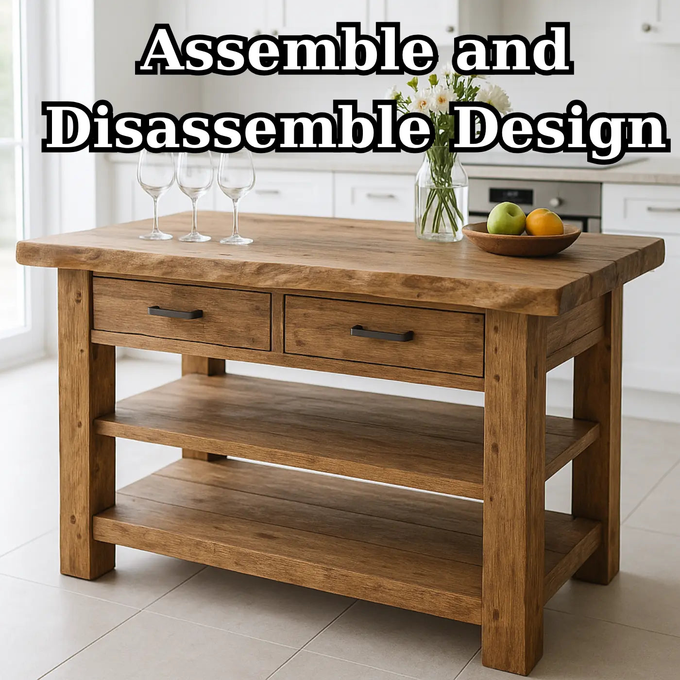 Handcrafted Solid Wood Kitchen Island - Live-Edge Top, 2 Drawers & Shelves Lynnsnail