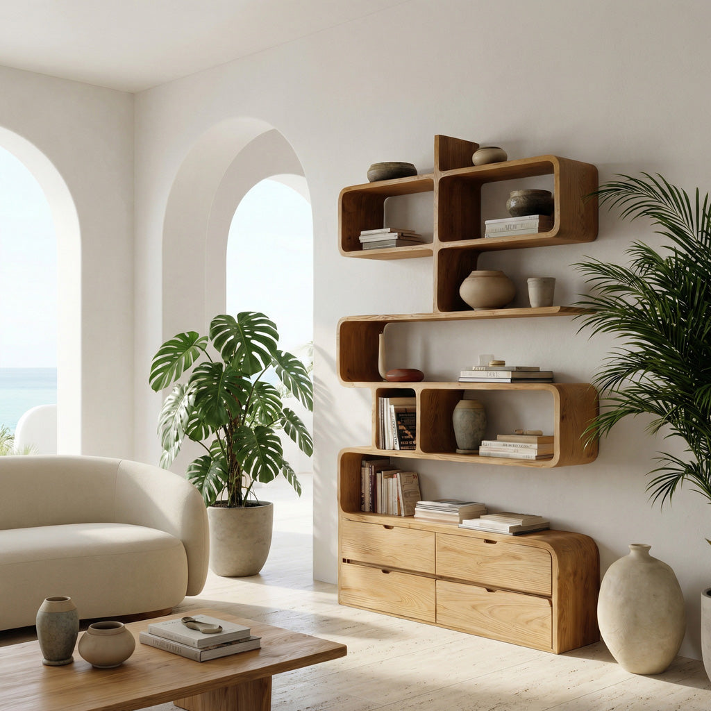 Minimalist Bookshelf With Curved Lines And Storage For Living Lynnsnail