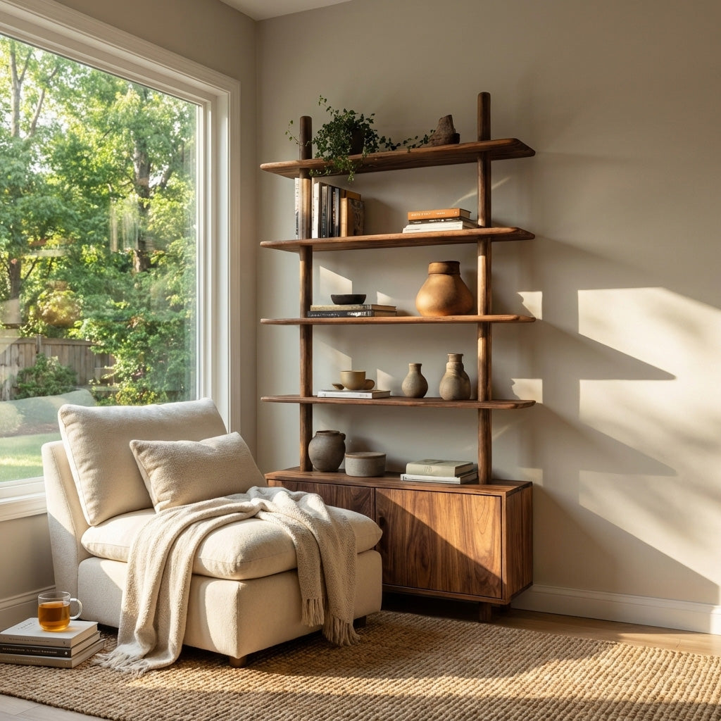 Mid Century Wooden Bookcase With Closed Storage For Living Lynnsnail