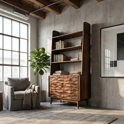 Modern Bookshelf With Carved Wave Cabinet Doors For Home Lynnsnail