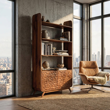Contemporary Wooden Bookshelf With Sculpted Door Panels For Living Lynnsnail