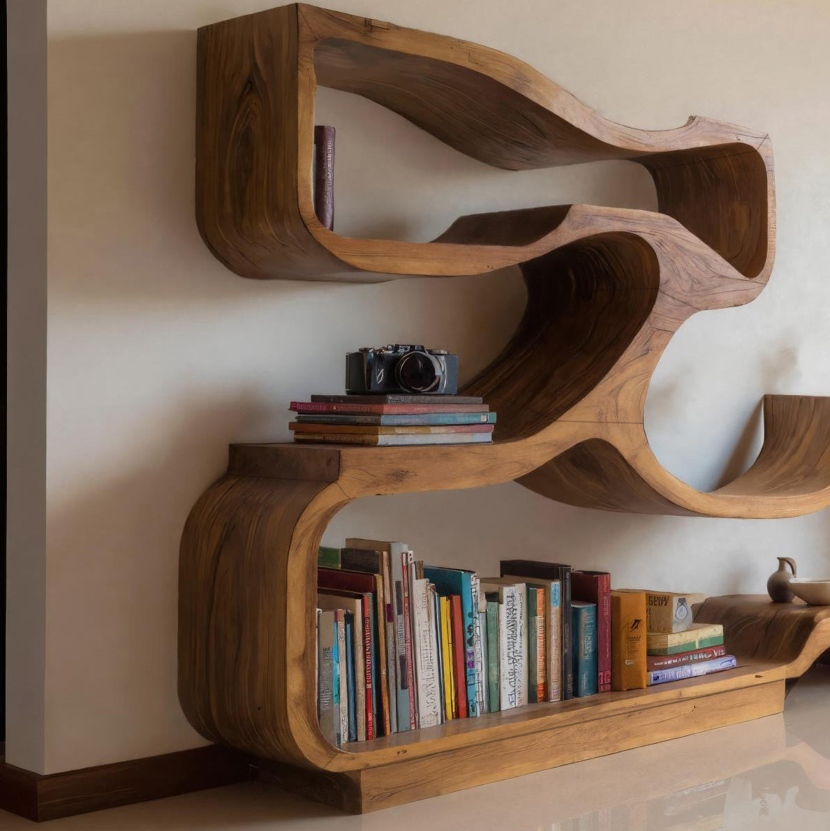 Artistic Bookshelf With Flowing Design For Living Room Lynnsnail