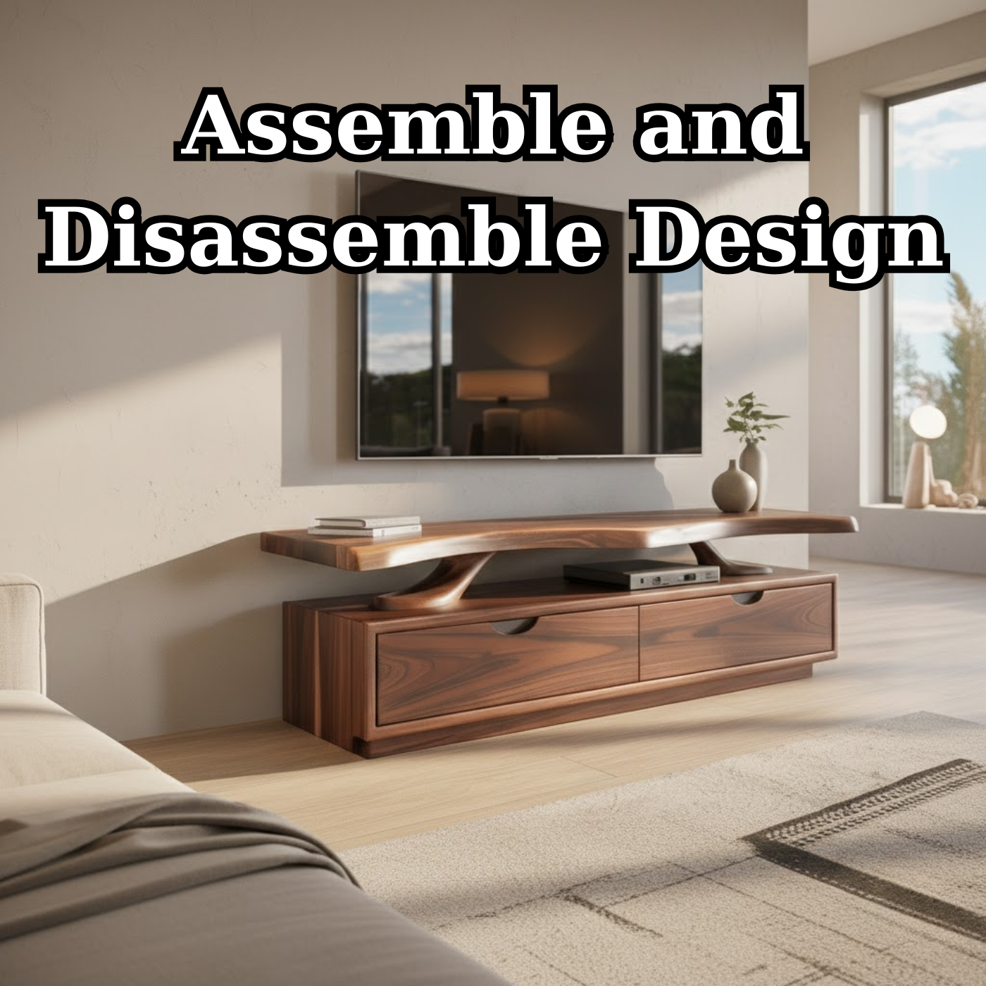 Handcrafted Solid Wood TV Stand with Sculpted Live-Edge Floating Shelf Lynnsnail