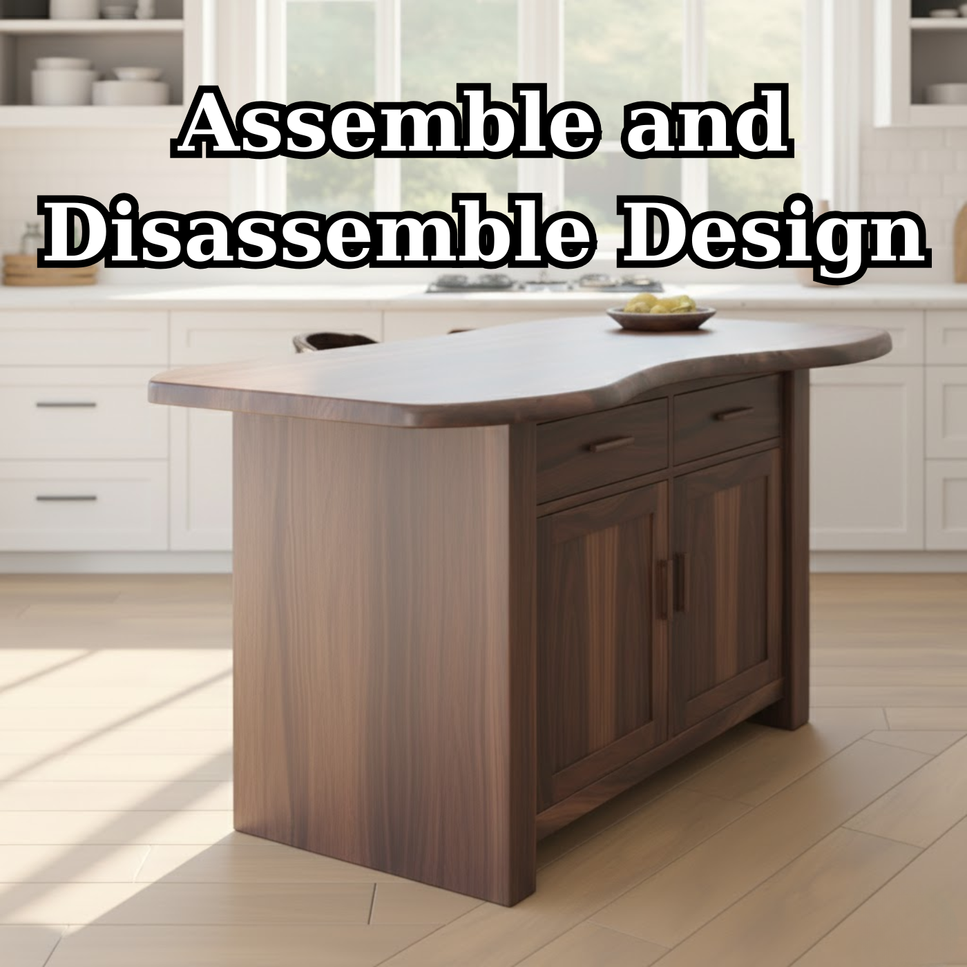 Handcrafted Solid Wood Kitchen Island with Live-Edge Curved Top and Spacious Storage Lynnsnail