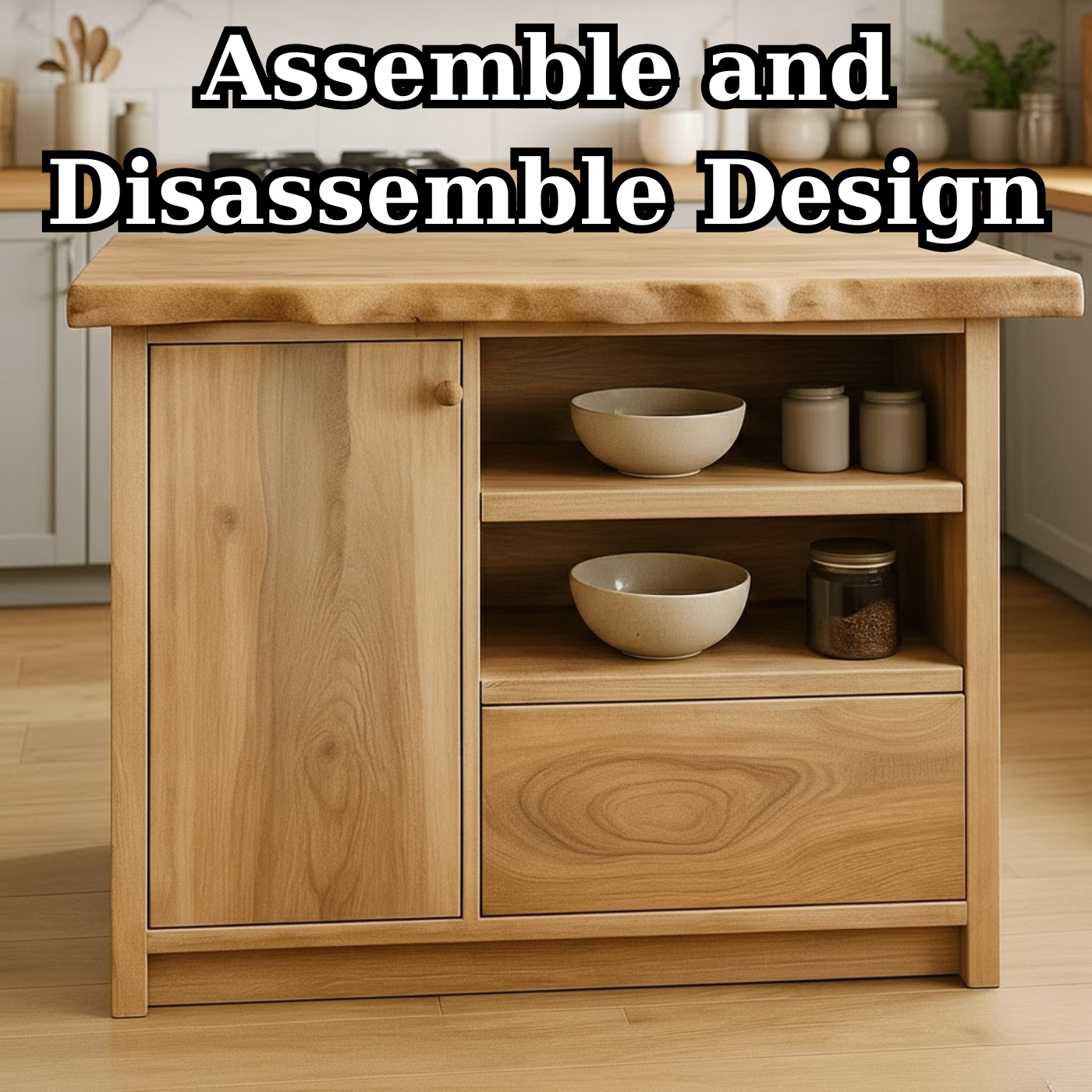 Handcrafted Solid Wood Kitchen Island with Live-Edge Top and Open Storage Shelves Lynnsnail