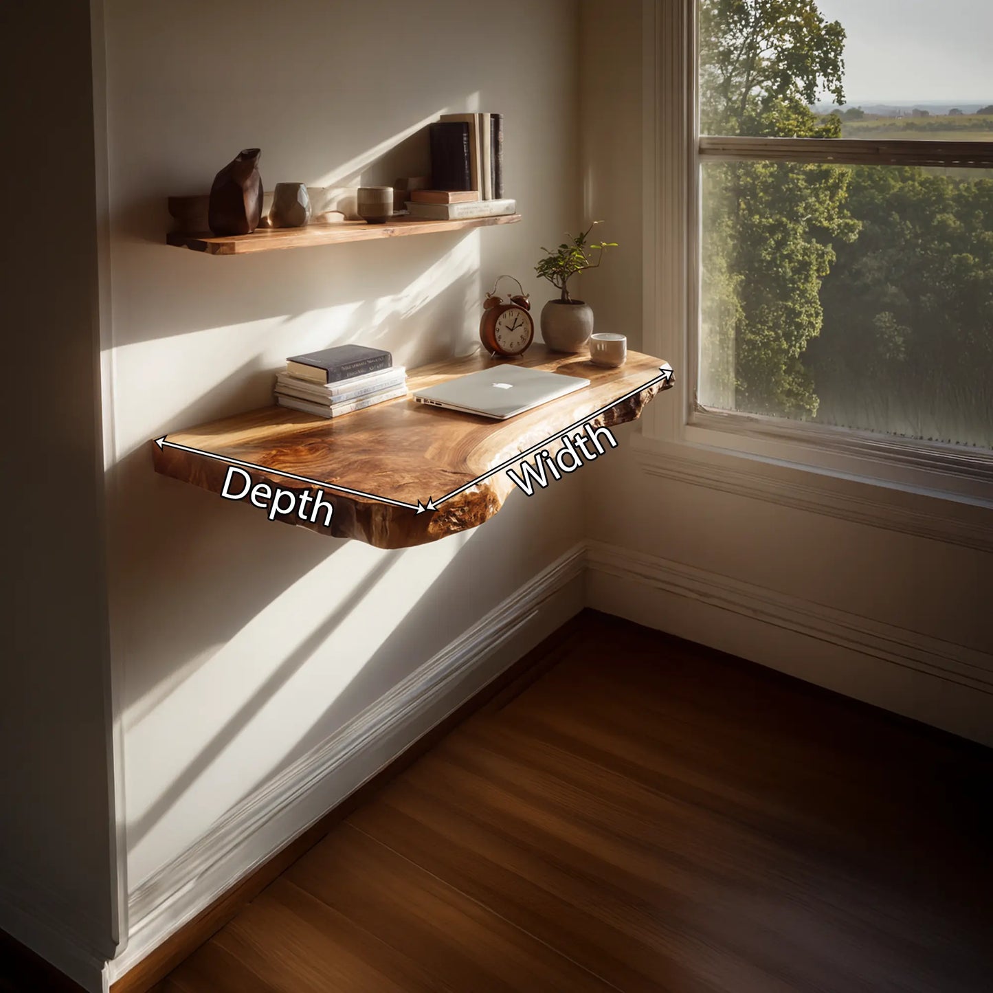 Live Edge Solid Wood Floating Desk Shelf for Small Spaces Lynnsnail