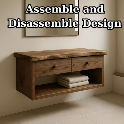 Handcrafted Solid Wood Floating Vanity - Live Edge Walnut Console with 2 Drawers & Open Shelf Lynnsnail