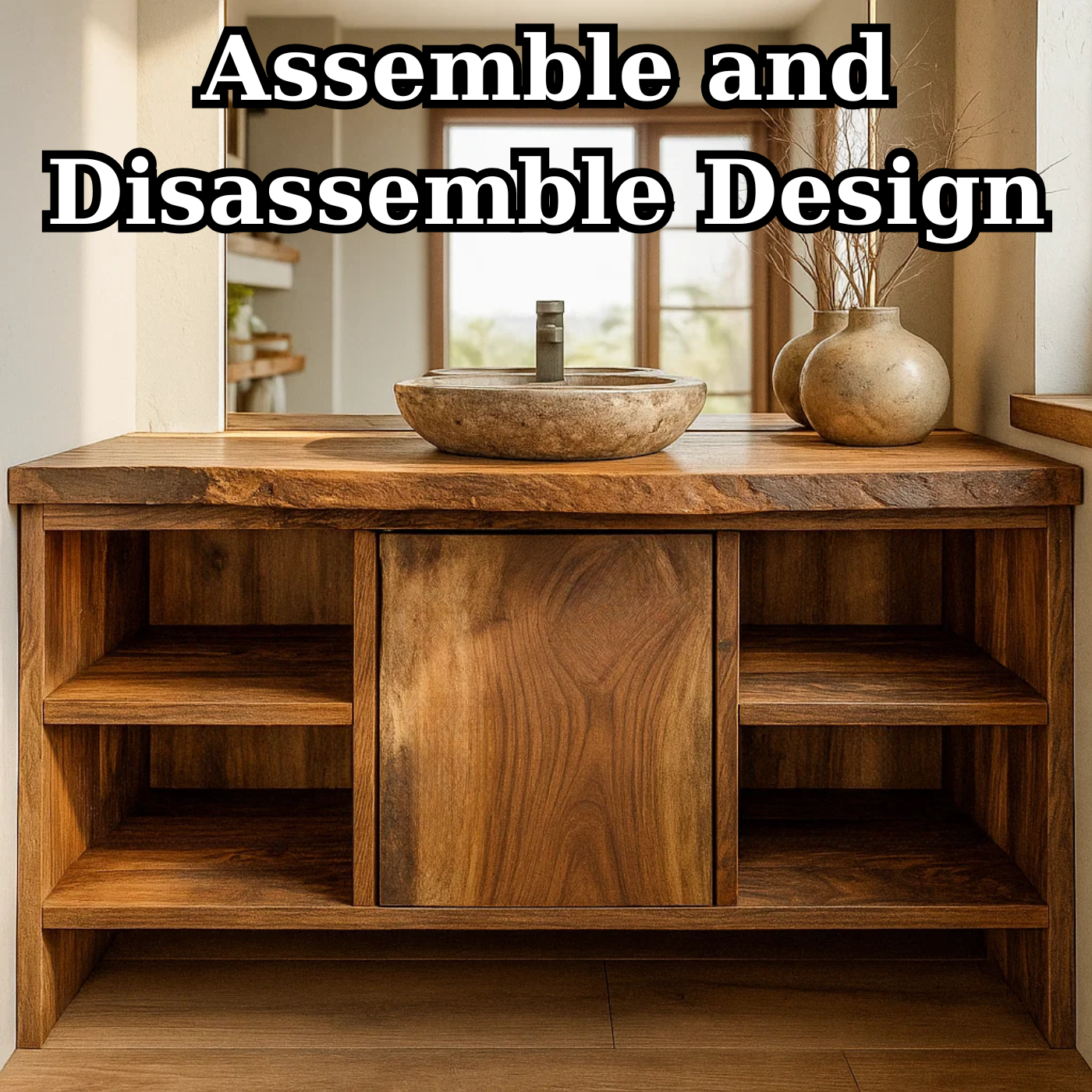 Handcrafted Solid Wood Bathroom Vanity with Central Sliding Door & Open Storage Shelves Lynnsnail