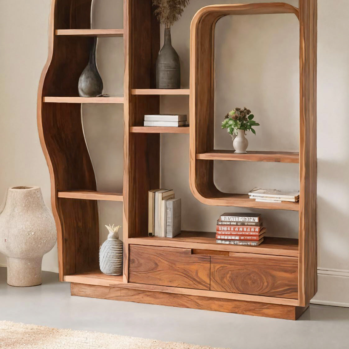 Minimalist Organic Bookshelf With Drawers For Home Decor Lynnsnail