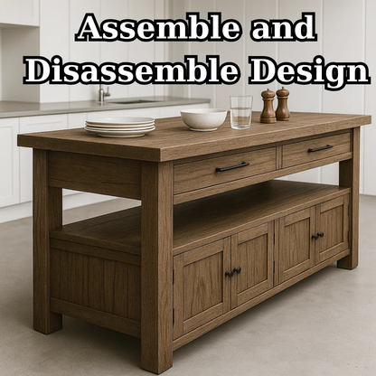 Handcrafted Solid Wood Kitchen Island - Long Design, Drawers & Cabinets