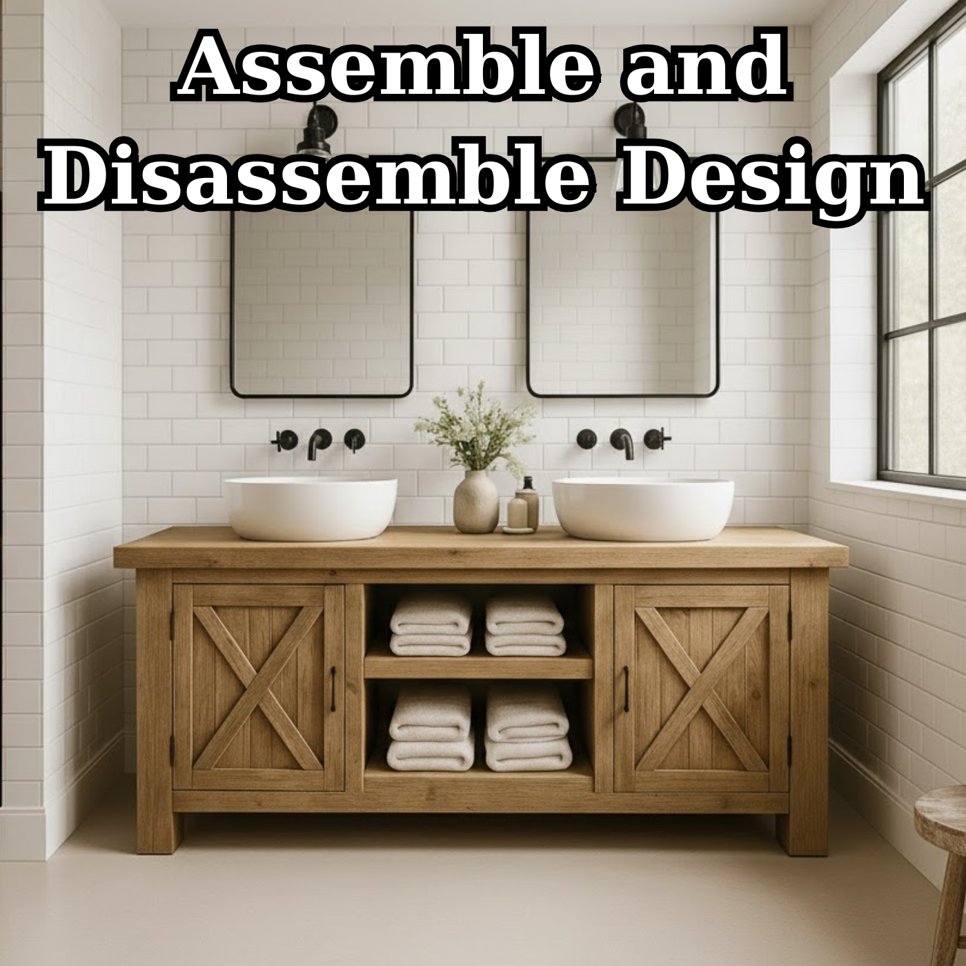 Handcrafted Solid Wood Bathroom Vanity - Farmhouse Double Sink Cabinet - Rustic Oak Storage Furniture Lynnsnail